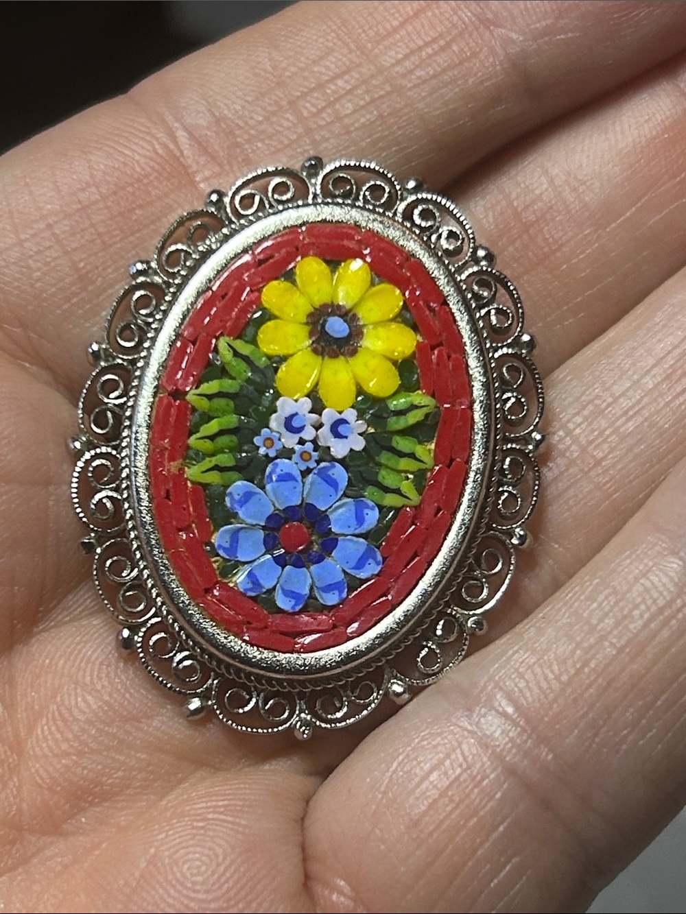 Glass Mosaic Brooch Pin Stamped Italy - Picture 6 of 7